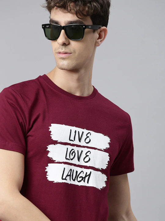 HERENOW Men Maroon Printed Round Neck Pure Cotton T-shirt